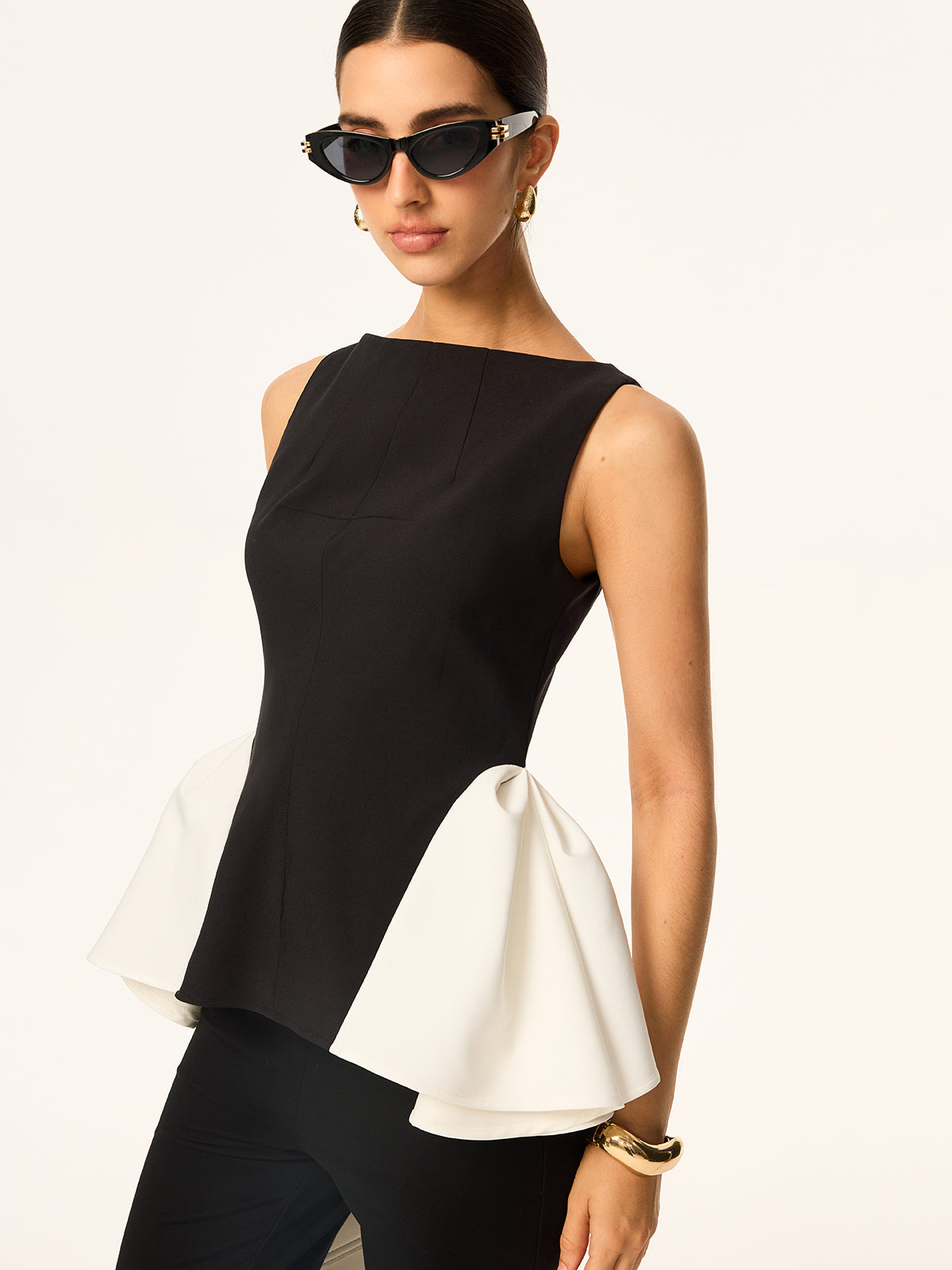 Renk Bloklu Peplum Bel Kolsuz Bluz