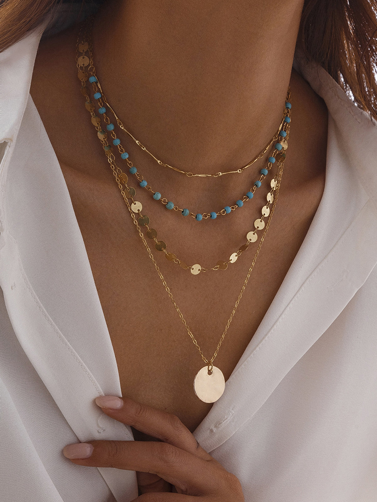 Altın Renkli Boncuklu Diskli Kolye