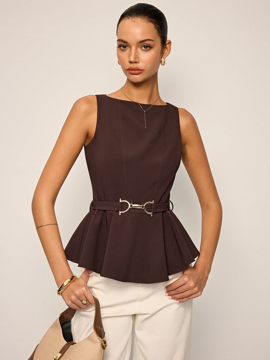 Metal Tokalı Kemerli Kolsuz Peplum Üst