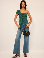 Tek Omuzlu Düğüm Detaylı Drapeli Bluz