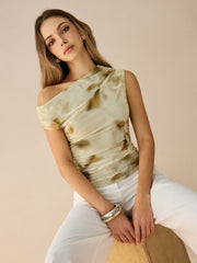 Tek Omuzlu Fırfırlı Desenli Bluz