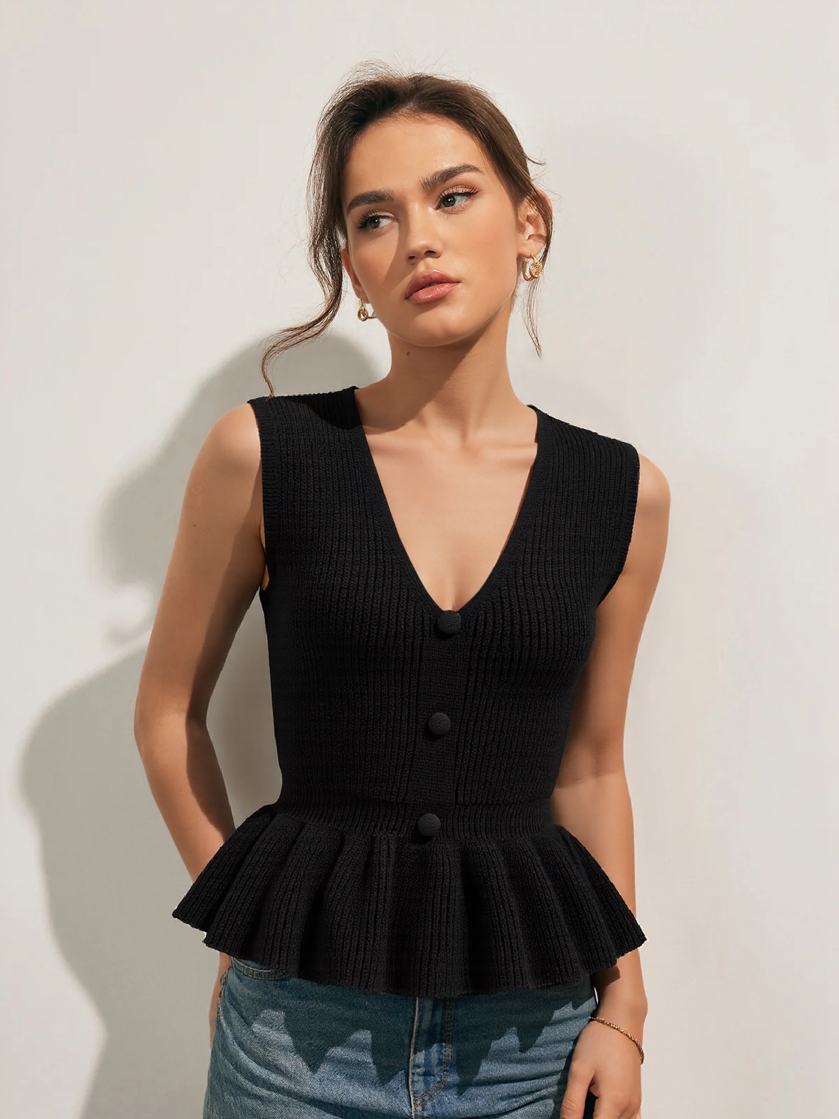Düğmeli V Yaka Peplum Yelek