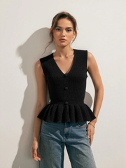 Düğmeli V Yaka Peplum Yelek