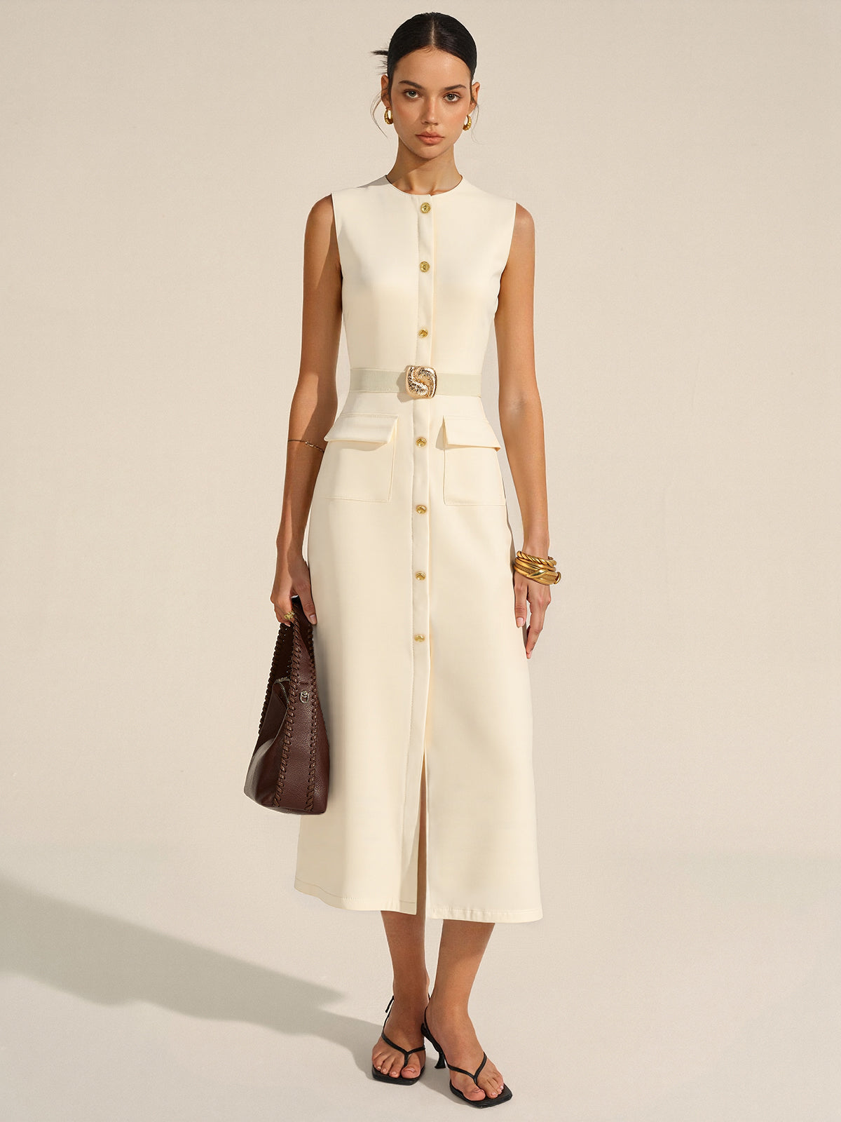 Düğmeli Kemerli Uzun Elbise