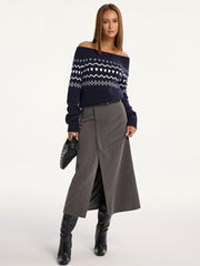 Asimetrik Omuzlu Desenli Örgü Kazak