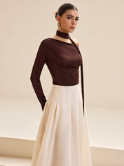 Asimetrik Kravat Detaylı Uzun Kollu Tişört