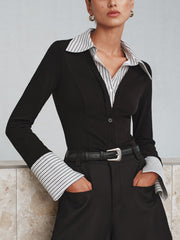 İki Renkli Uzun Kollu Düğmeli Yaka Tişört