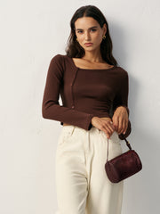 Asimetrik Düğme Detaylı Ribana Tişört