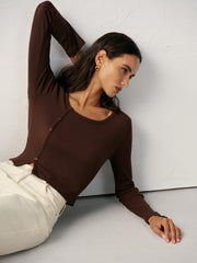 Asimetrik Düğme Detaylı Ribana Tişört