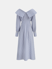 Asimetrik Omuzlu Çizgili Düğmeli Yaka Elbise