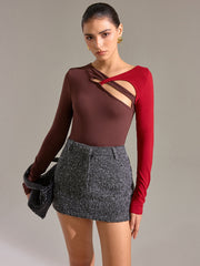 Asimetrik İki Tonlu Kesik Uzun Kollu Bluz