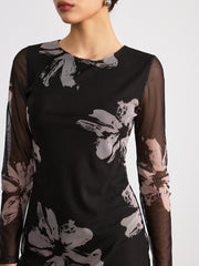 Çiçekli Uzun Kollu Maxi Elbise