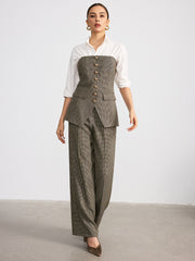 Köpek Dişi Desenli Kolsuz Düğmeli Üst