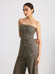 Köpek Dişi Desenli Kolsuz Düğmeli Üst