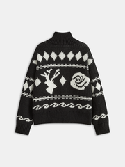 Çift Renkli Desenli Fermuarlı Triko Hırka