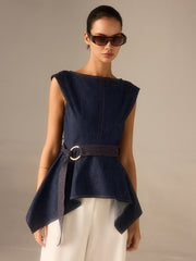 Asimetrik Kenarlı Kot Peplum Üst Kemerli
