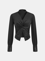 Kıvrımlı Ön Detaylı Yakasız Bluz