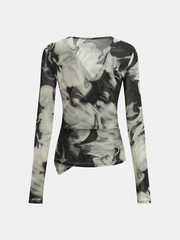 Yarı Şeffaf Uzun Kollu Mermer Desenli Bluz