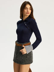 Asimetrik Düğmeli Çizgili Yaka Tişört