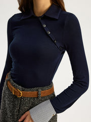 Asimetrik Düğmeli Çizgili Yaka Tişört