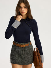 Asimetrik Düğmeli Çizgili Yaka Tişört