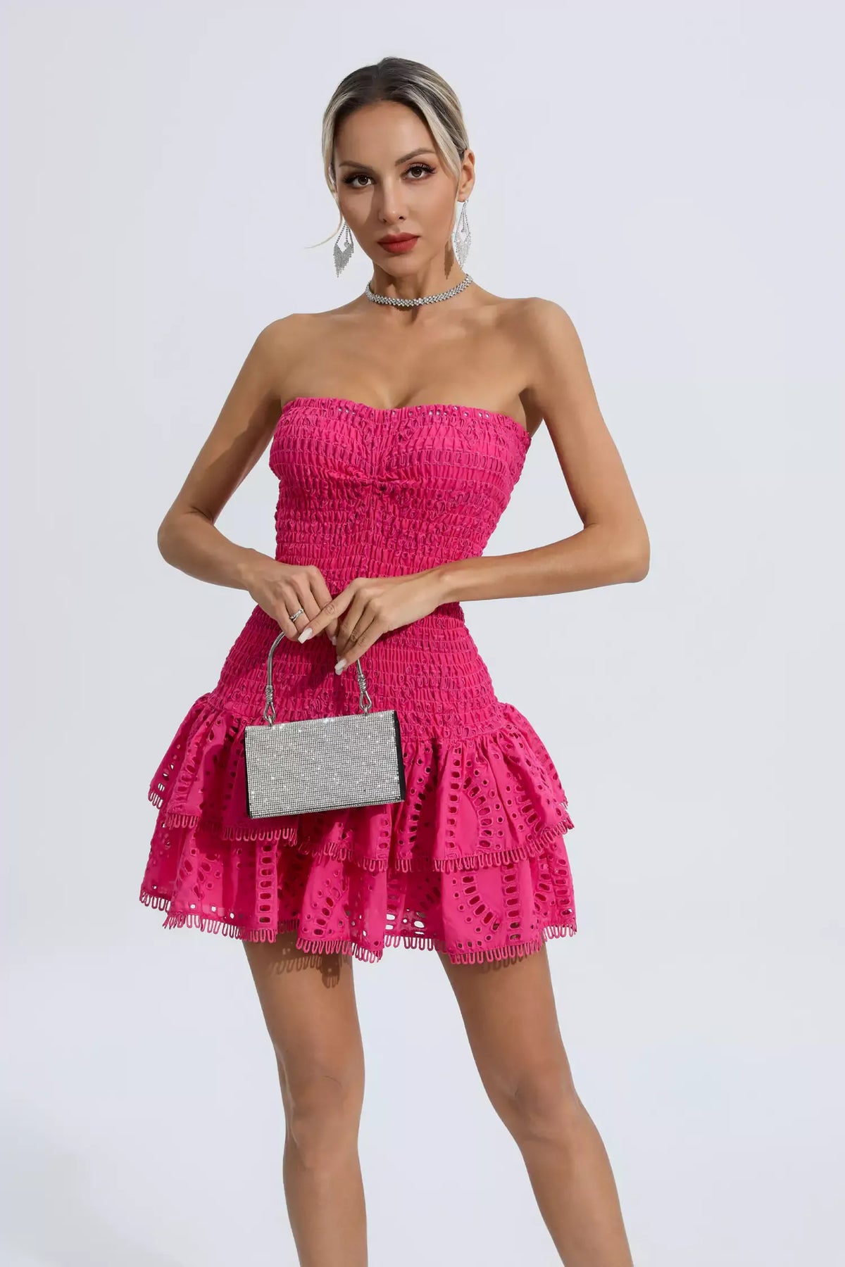 Pembe Volanlı Kısa Elbise