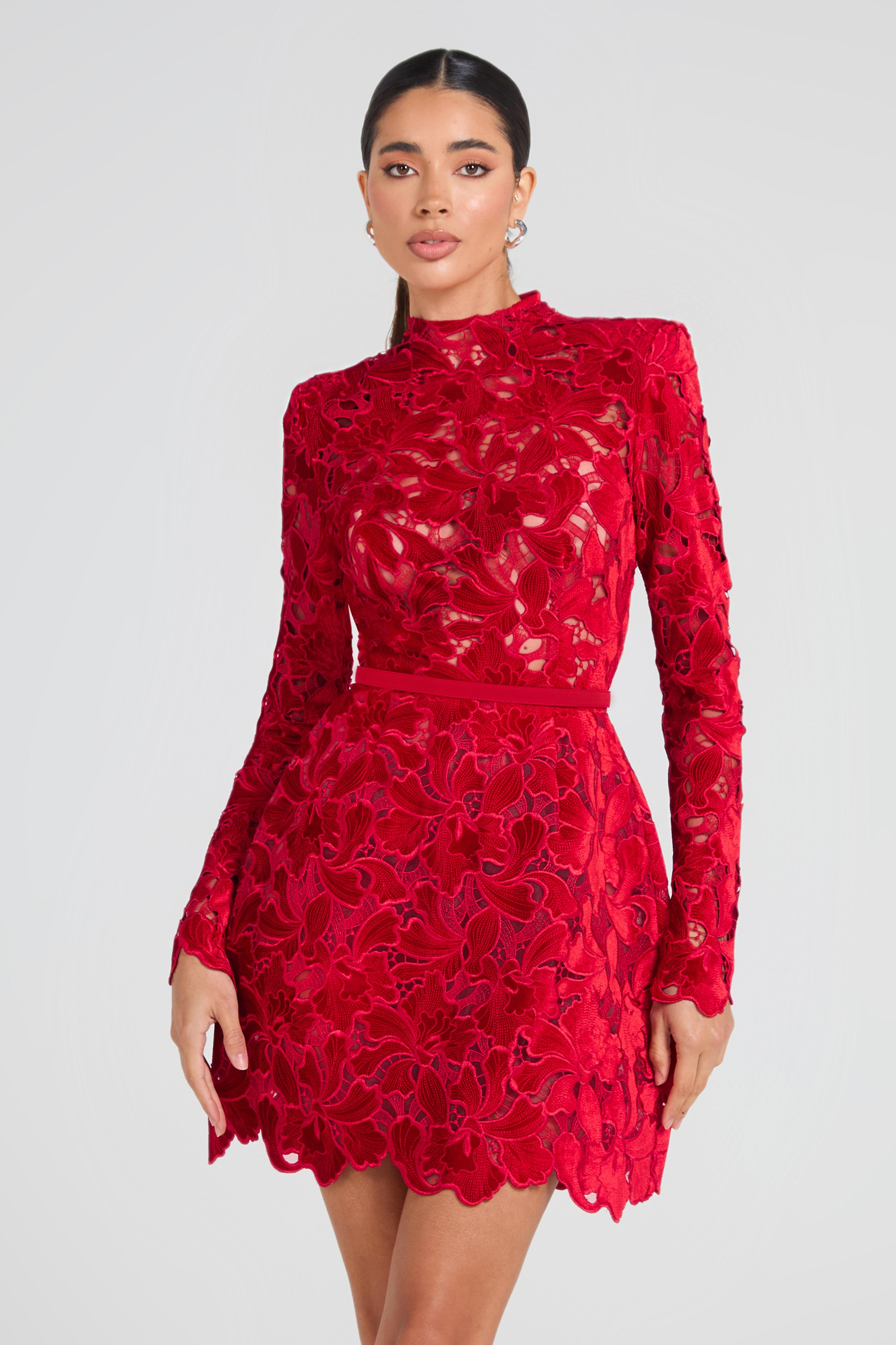 Lydia Kırmızı Dantelli Mini Elbise