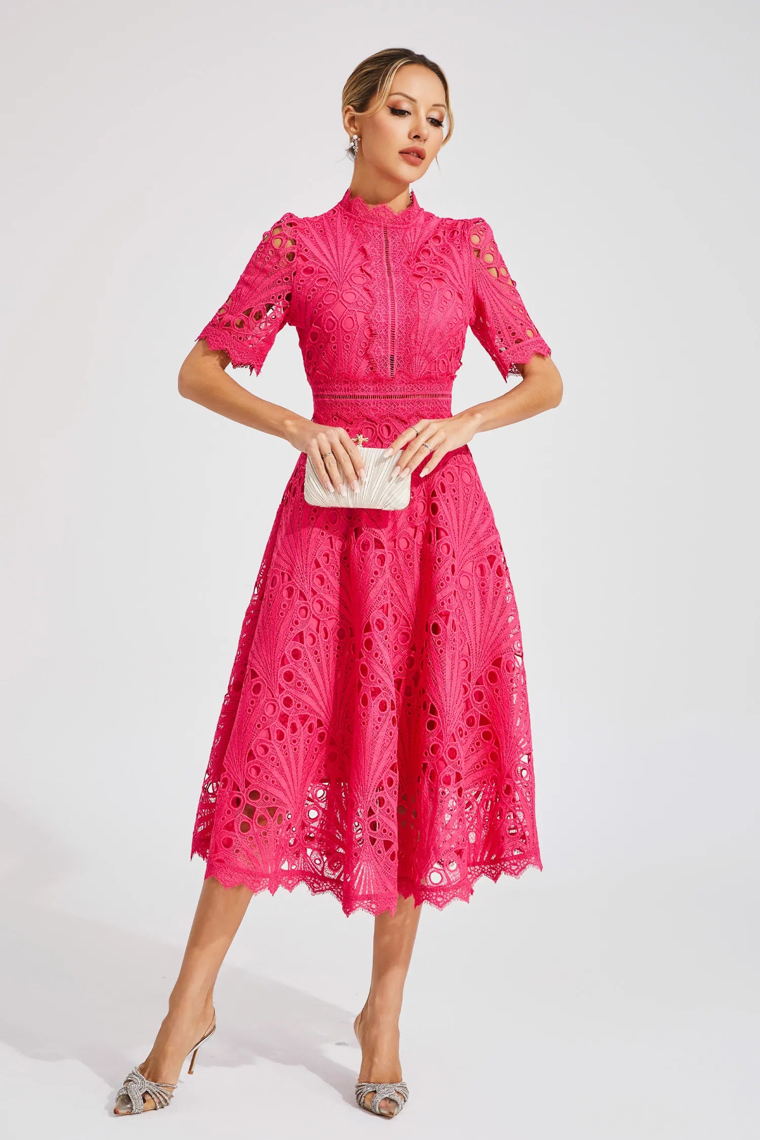 Pembe Rüya Dantel Midi Elbise