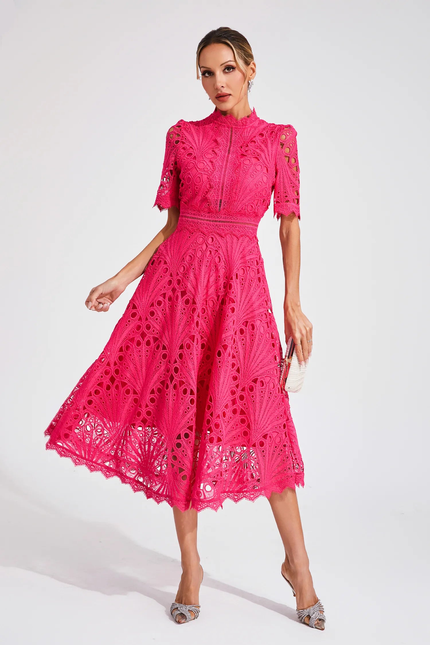 Pembe Rüya Dantel Midi Elbise