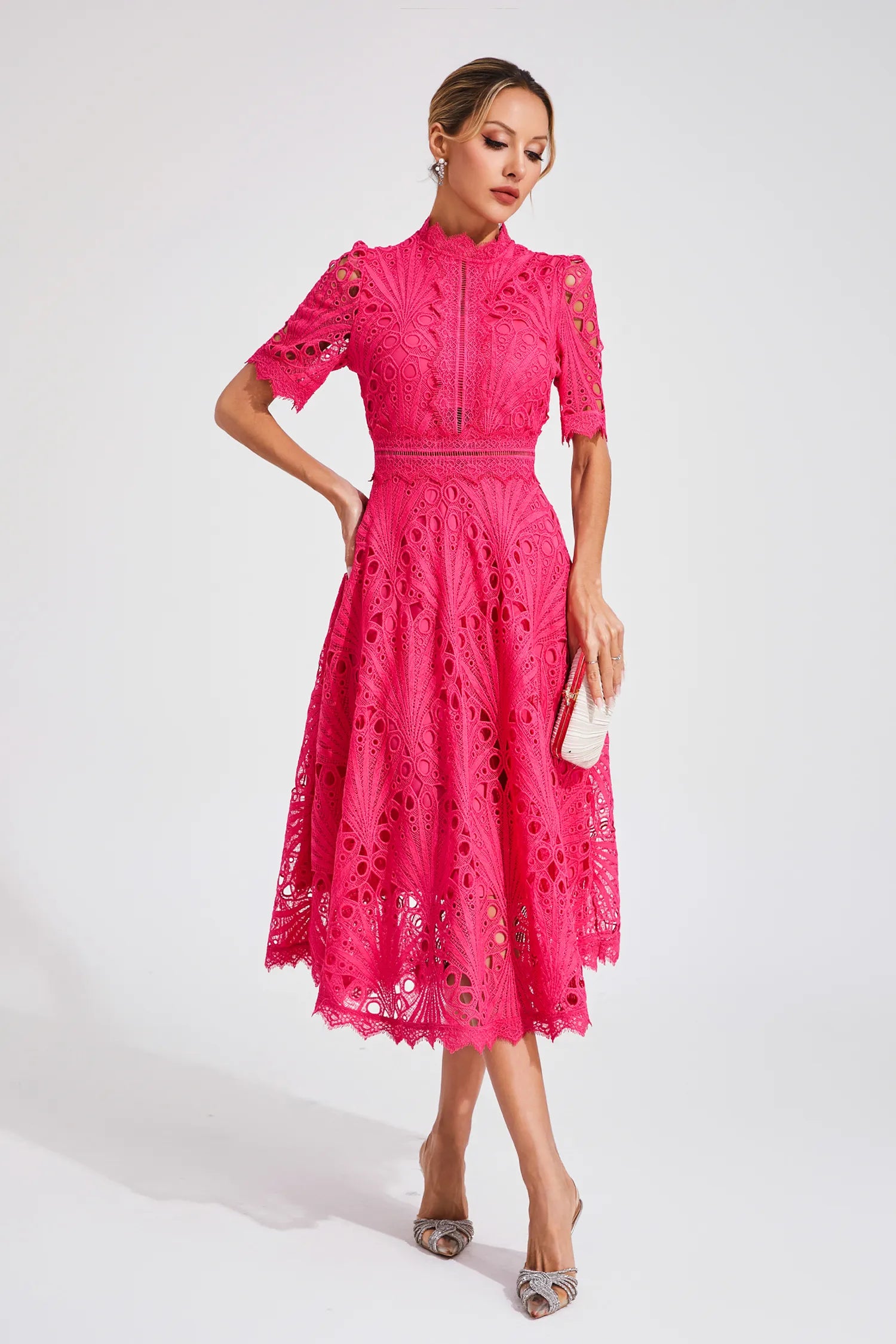 Pembe Rüya Dantel Midi Elbise