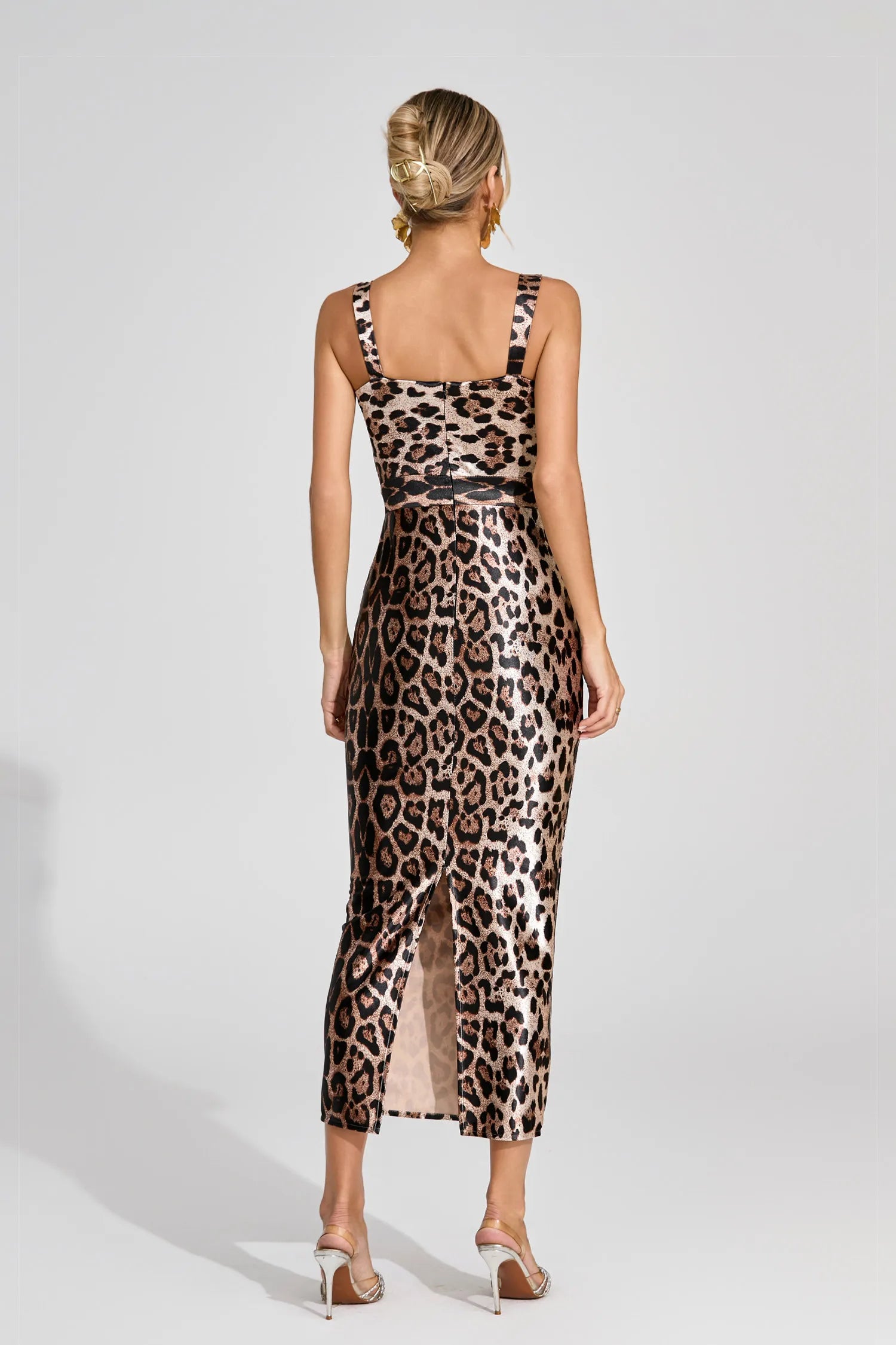 Agatha Leopar Desenli Saten Midi Elbise