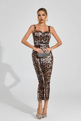 Agatha Leopar Desenli Saten Midi Elbise
