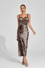 Agatha Leopar Desenli Saten Midi Elbise
