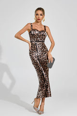 Agatha Leopar Desenli Saten Midi Elbise
