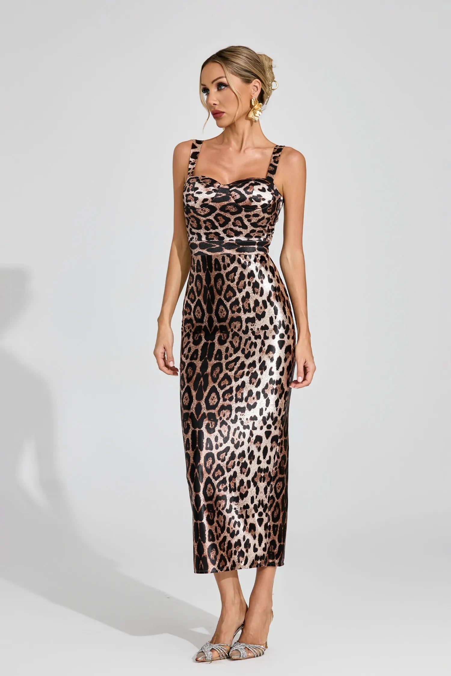 Agatha Leopar Desenli Saten Midi Elbise