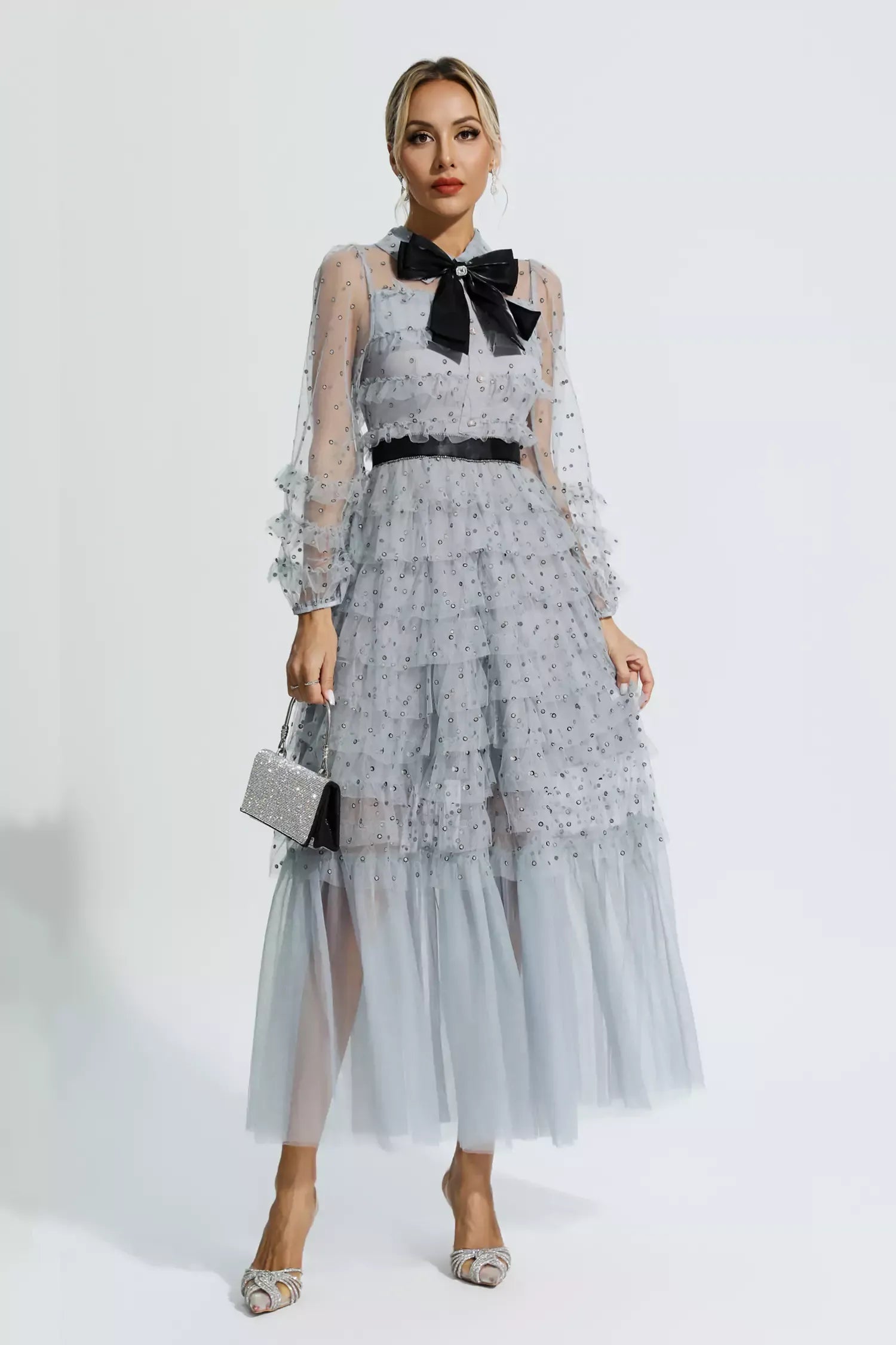 Maddison Gri Puantiye Maxi Elbisesi