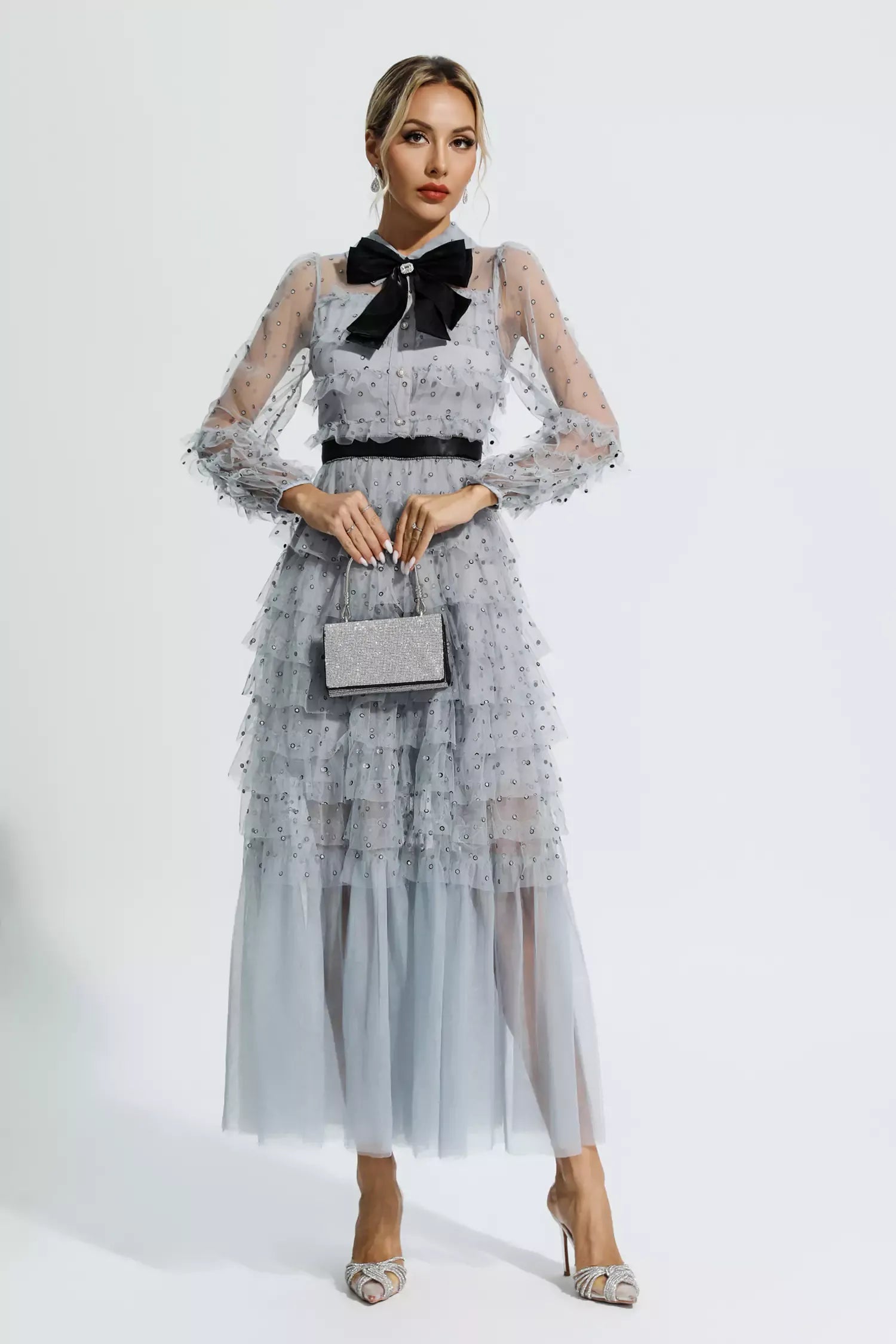 Maddison Gri Puantiye Maxi Elbisesi