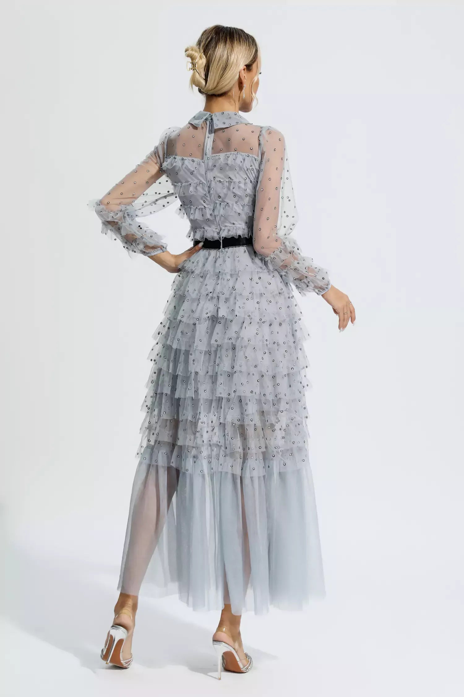 Maddison Gri Puantiye Maxi Elbisesi