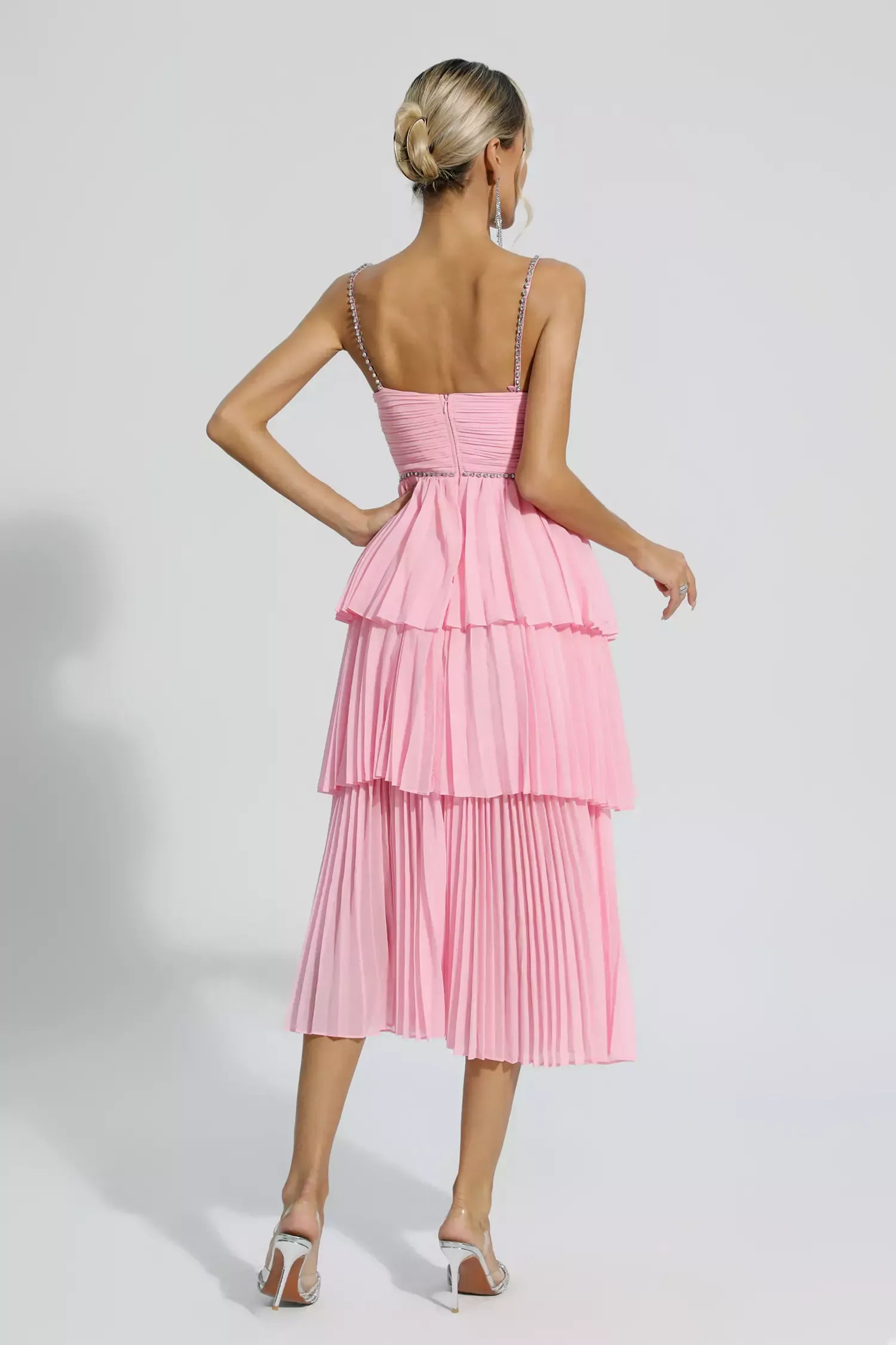 Pembe Elmaslı Fırfırlı Midi Elbise