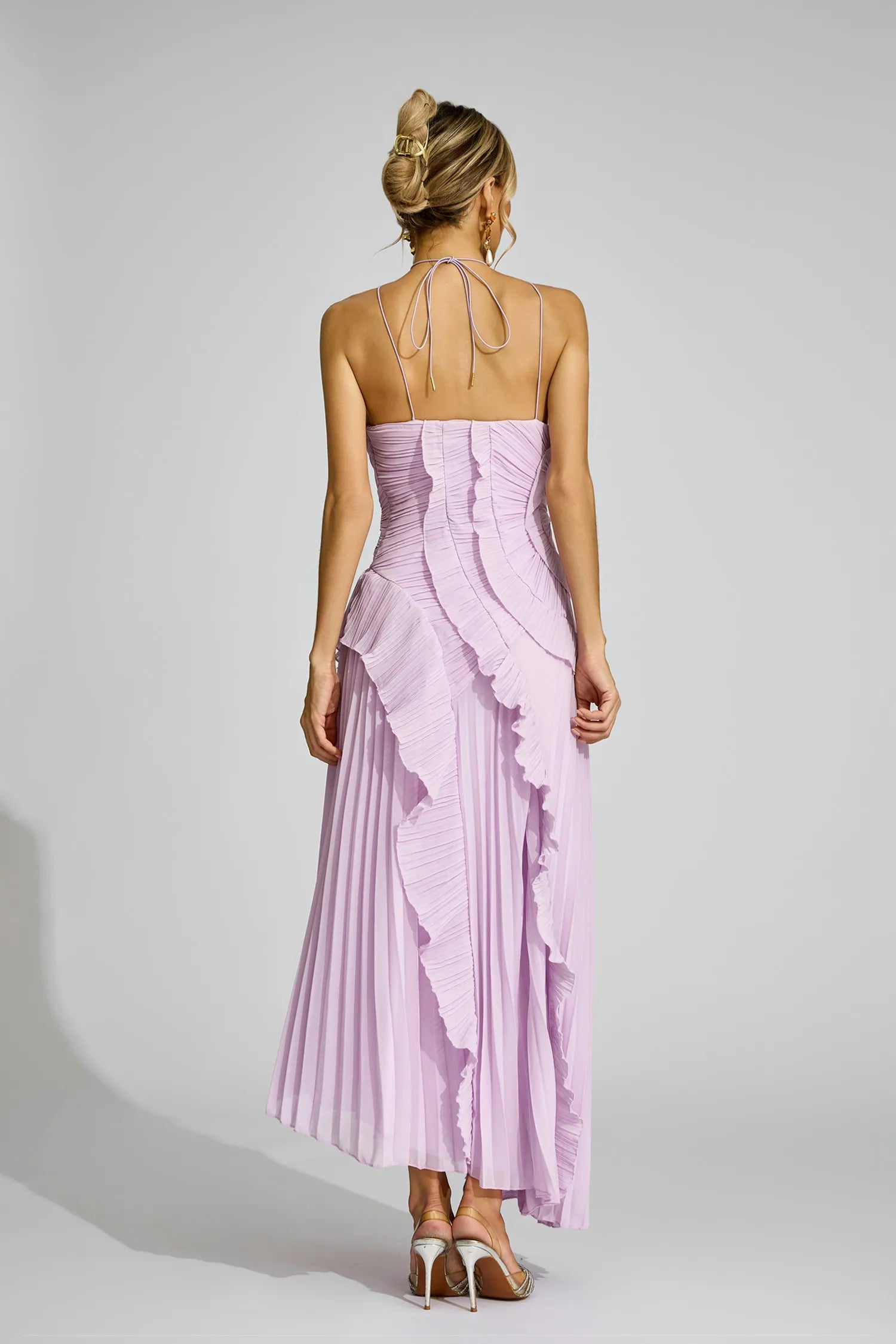 Mor Asimetrik Pliseli Halter Maxi Elbise