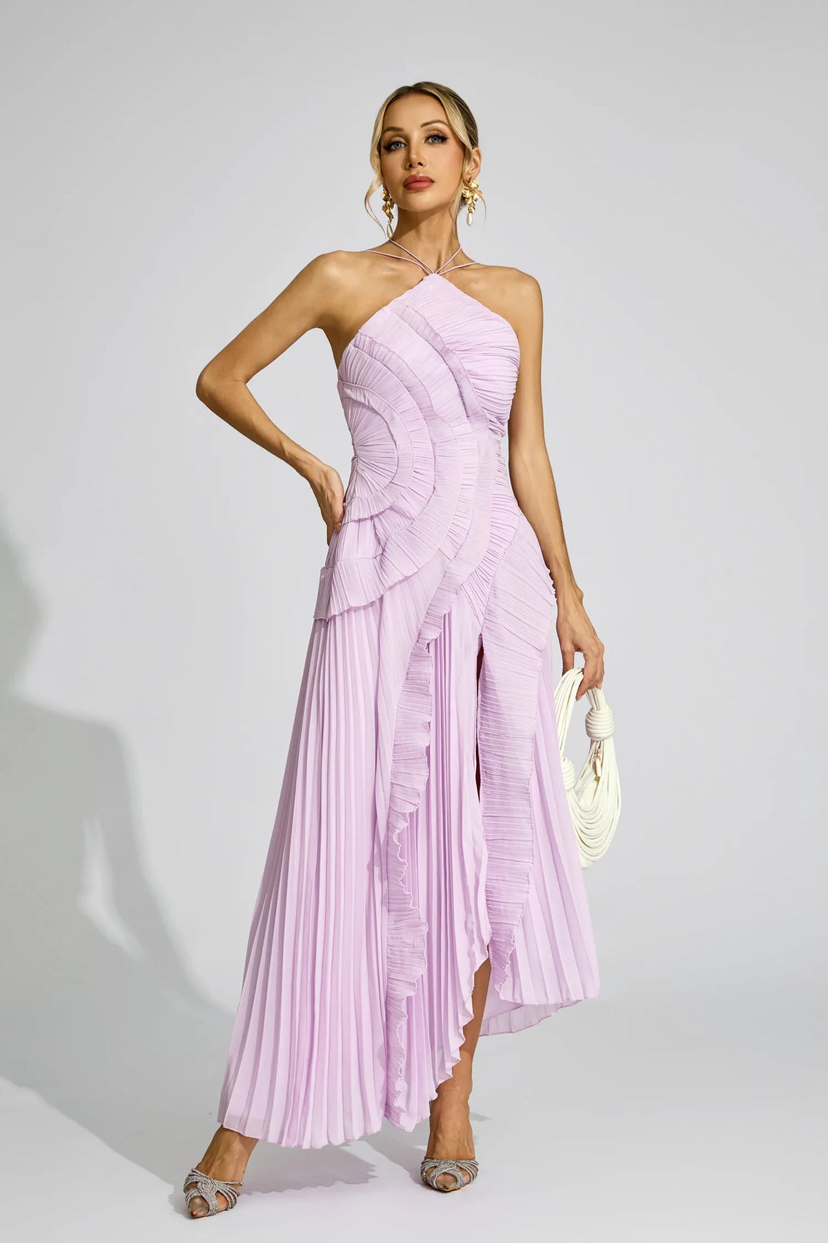 Mor Asimetrik Pliseli Halter Maxi Elbise