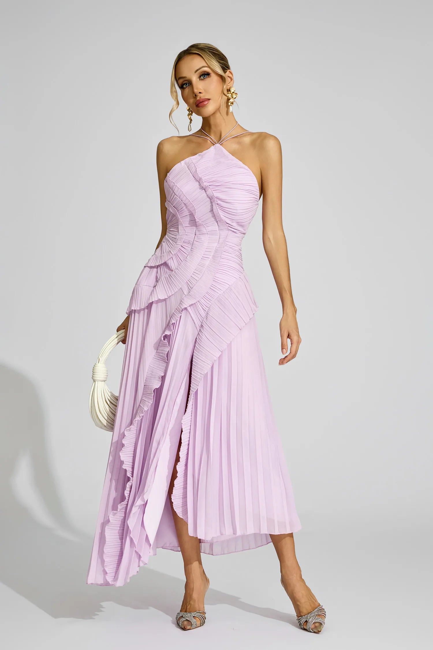 Mor Asimetrik Pliseli Halter Maxi Elbise