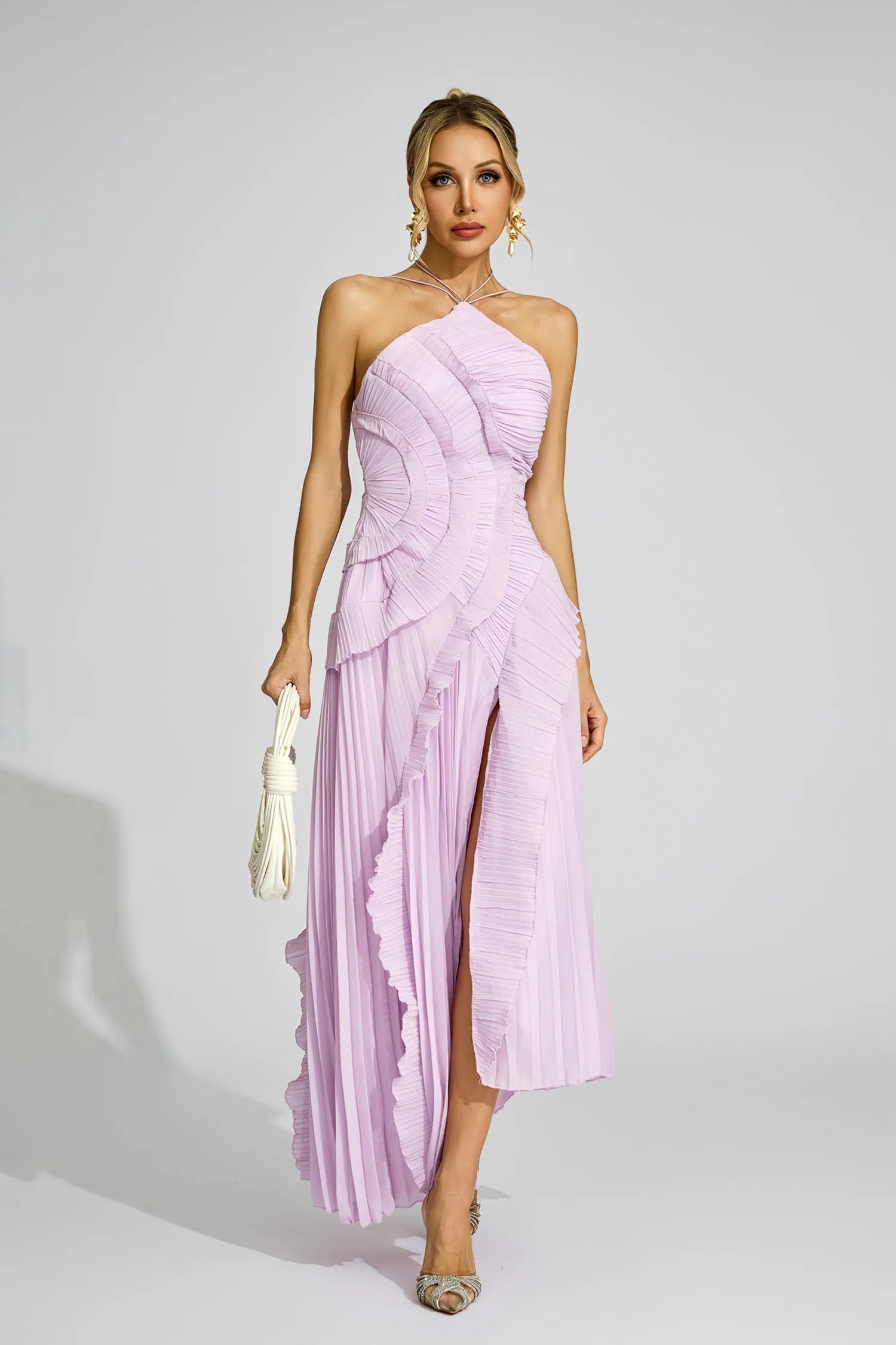 Mor Asimetrik Pliseli Halter Maxi Elbise