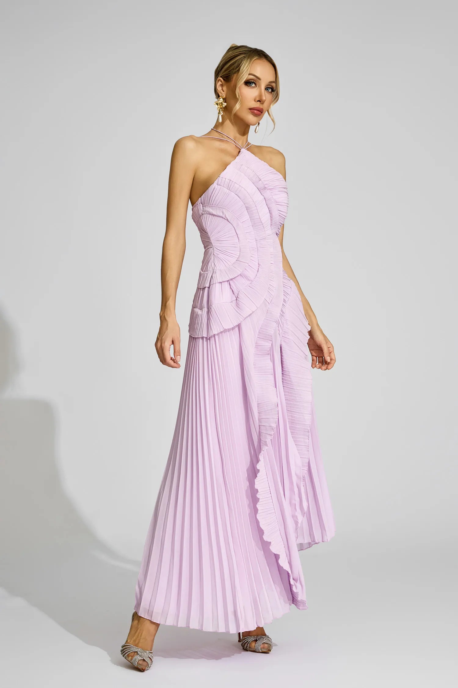 Mor Asimetrik Pliseli Halter Maxi Elbise
