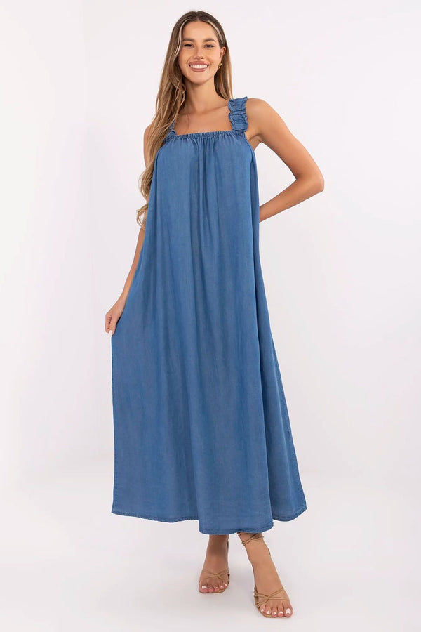 Zarif Oversize Kare Yaka Denim Elbise