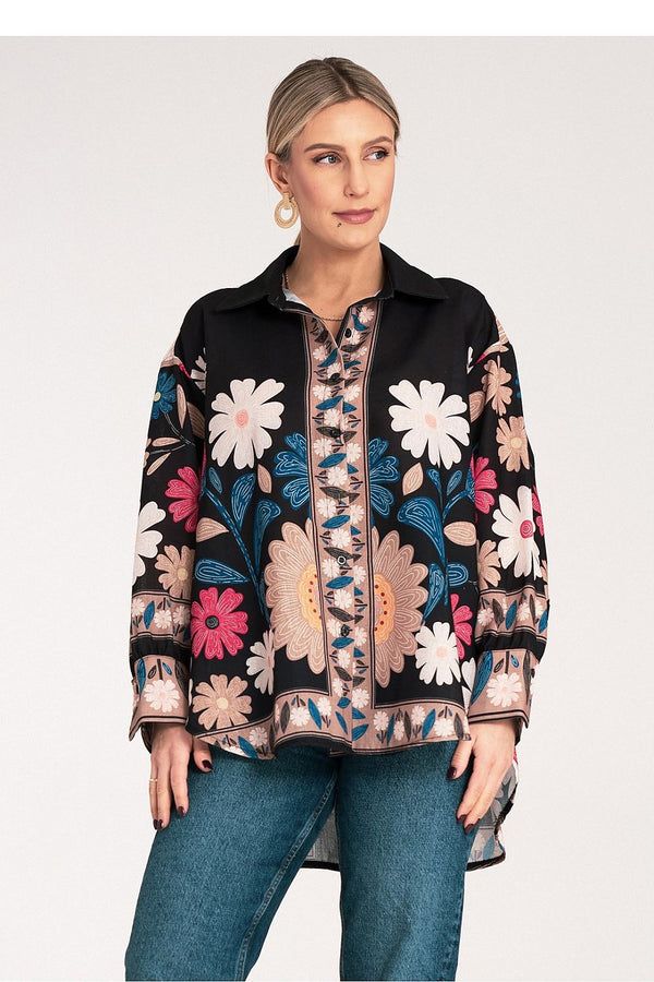 Canlı Çiçek Desenli Oversize Gömlek